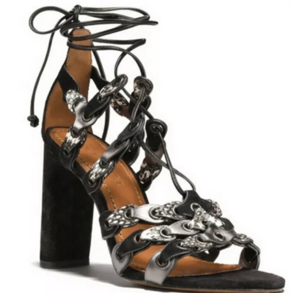 Coach Signature Black Link Lace-up Heel Sandals - Picture 1 of 9